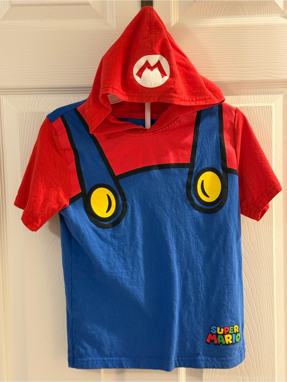Nintendo Mario Costume Hooded T Shirt Boys Sz 7 Red Blue 100% Cotton